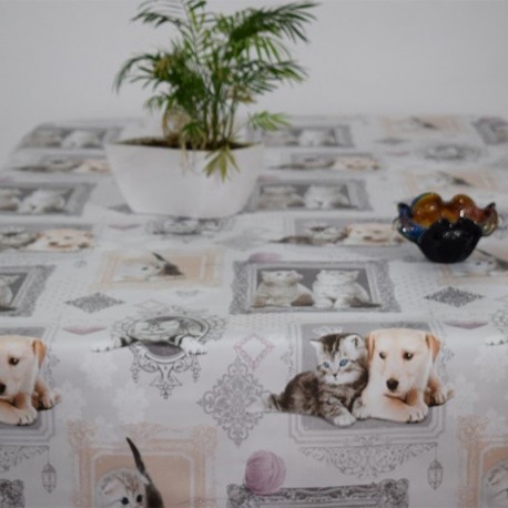NAPPE TOILE CIREE MIMI GRIS CHATS CHATONS CHIOTS CHIENS