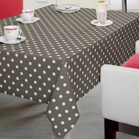 NAPPE EN TOILE CIREE 140 CM TAUPE A POIS BLANCS
